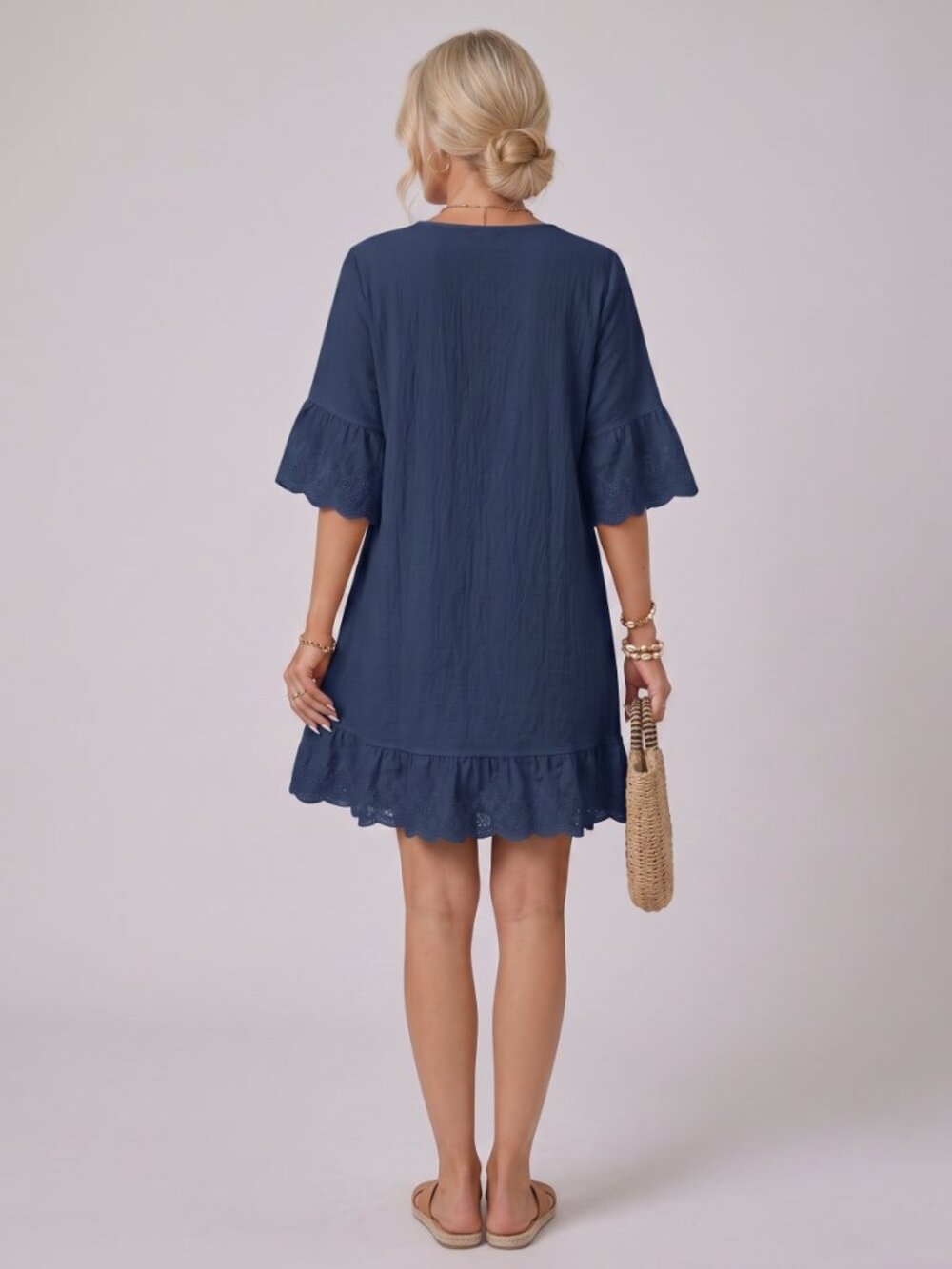 Women's Navy V-Neck Mini Dress Ruffle Hem Embroidered Trim Casual Vacation - Picture 2 of 3